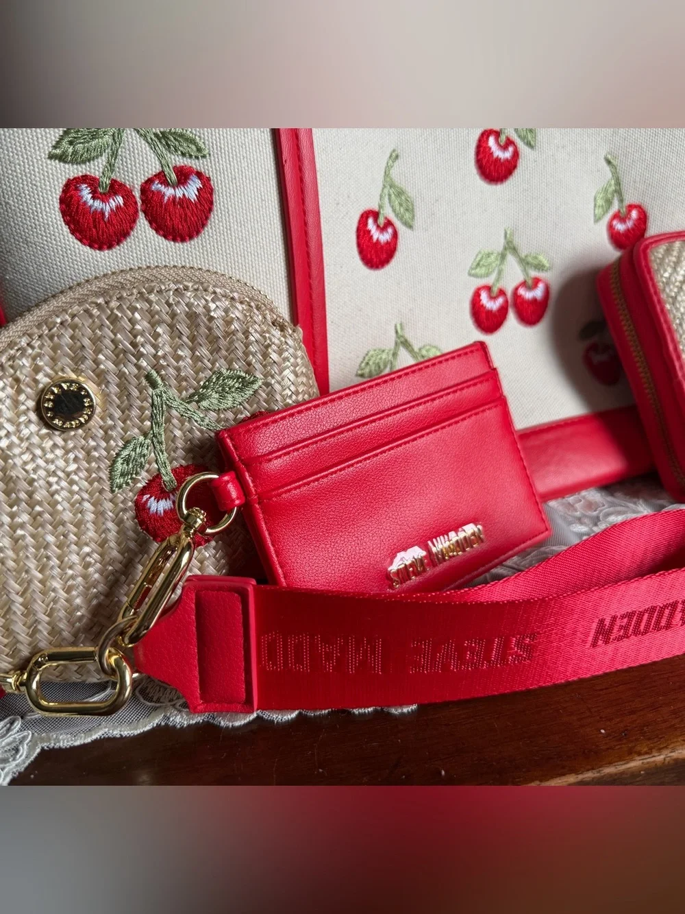 NWOT Steve Madden White & Red Cherry Embroidered Tote with Matching Wallet Set